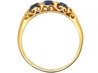 Edwardian 18ct Gold, Three Stone Sapphire Carved Half Hoop Ring with Rose Diamond Points