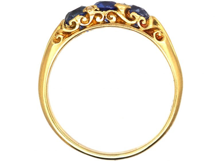 Edwardian 18ct Gold, Three Stone Sapphire Carved Half Hoop Ring with Rose Diamond Points