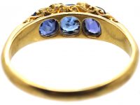 Edwardian 18ct Gold, Three Stone Sapphire Carved Half Hoop Ring with Rose Diamond Points