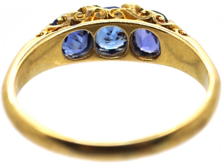 Edwardian 18ct Gold, Three Stone Sapphire Carved Half Hoop Ring with Rose Diamond Points