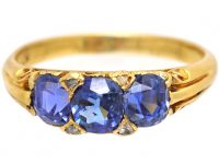 Edwardian 18ct Gold, Three Stone Sapphire Carved Half Hoop Ring with Rose Diamond Points