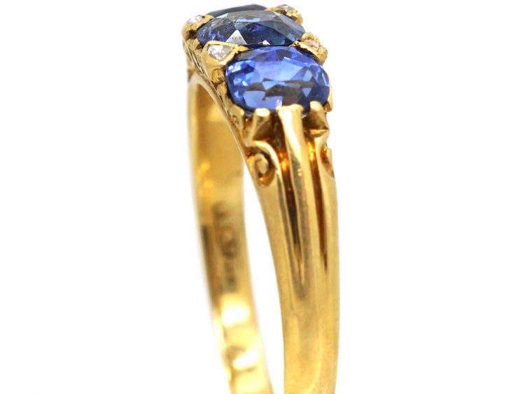 Edwardian 18ct Gold, Three Stone Sapphire Carved Half Hoop Ring with Rose Diamond Points
