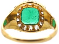 Victorian 18ct Gold, Emerald & Diamond Cluster Ring with Diamond Set Shoulders