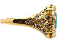 Victorian 18ct Gold, Emerald & Diamond Cluster Ring with Diamond Set Shoulders