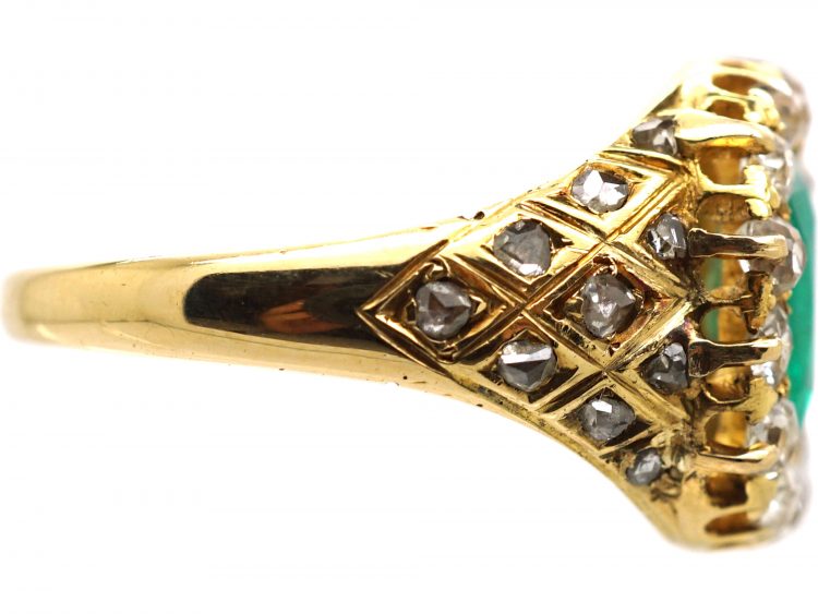 Victorian 18ct Gold, Emerald & Diamond Cluster Ring with Diamond Set Shoulders