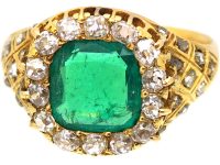 Victorian 18ct Gold, Emerald & Diamond Cluster Ring with Diamond Set Shoulders