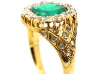 Victorian 18ct Gold, Emerald & Diamond Cluster Ring with Diamond Set Shoulders