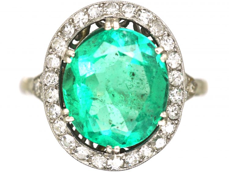 Early 20th Century Platinum, Emerald & Diamond Cluster Ring