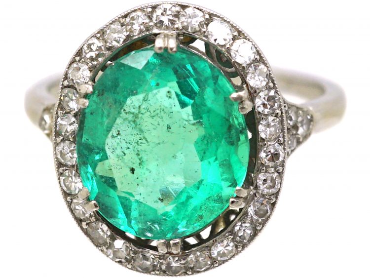 Early 20th Century Platinum, Emerald & Diamond Cluster Ring