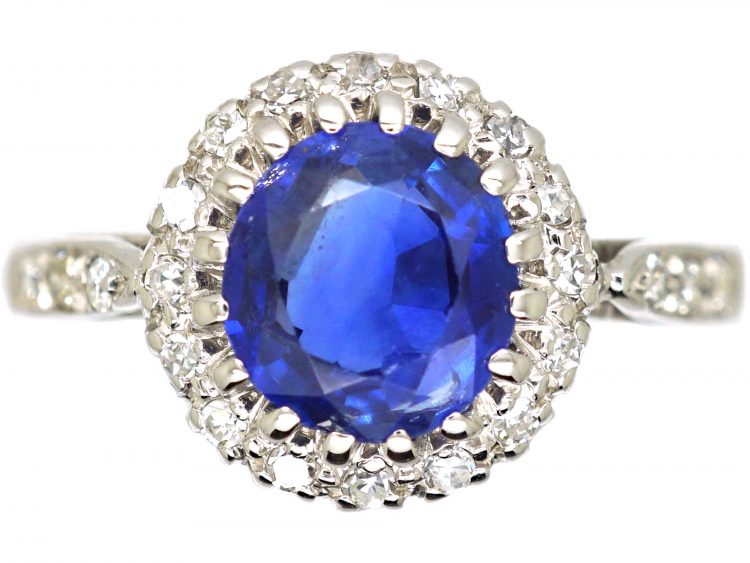 Edwardian 18ct White Gold, Sapphire & Diamond Cluster Ring with Diamond Set Shoulders