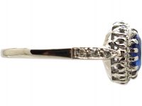 Edwardian 18ct White Gold, Sapphire & Diamond Cluster Ring with Diamond Set Shoulders