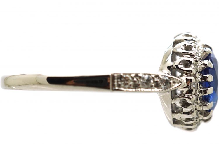 Edwardian 18ct White Gold, Sapphire & Diamond Cluster Ring with Diamond Set Shoulders
