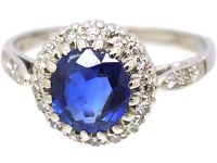 Edwardian 18ct White Gold, Sapphire & Diamond Cluster Ring with Diamond Set Shoulders