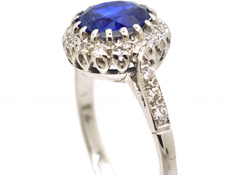 Edwardian 18ct White Gold, Sapphire & Diamond Cluster Ring with Diamond Set Shoulders