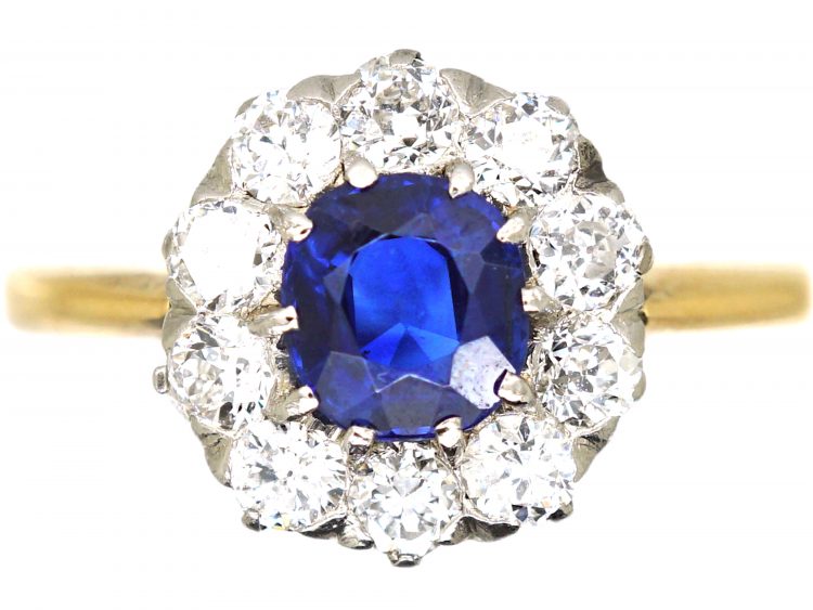 Swedish Early 20th Century 18ct Gold, Sapphire & Diamond Cluster Ring