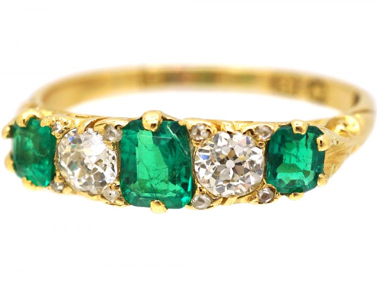 Victorian 18ct Gold, Emerald & Diamond Five Stone Ring