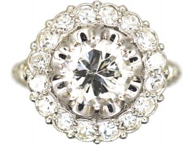 French Belle Epoque Platinum Diamond Cluster Ring with ornate Diamond Set Shoulders