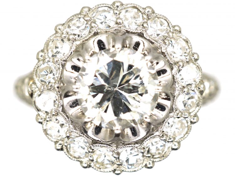 French Belle Epoque Platinum Diamond Cluster Ring with ornate Diamond Set Shoulders