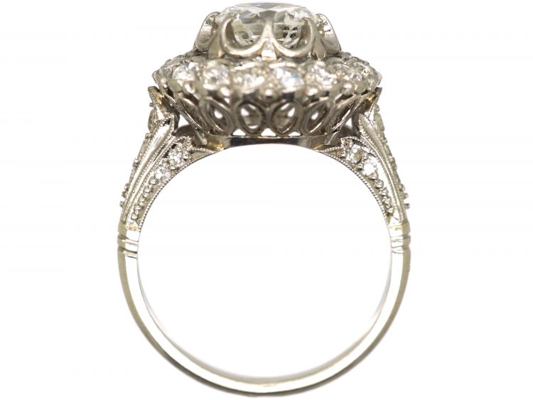 French Belle Epoque Platinum Diamond Cluster Ring with ornate Diamond Set Shoulders