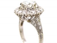 French Belle Epoque Platinum Diamond Cluster Ring with ornate Diamond Set Shoulders