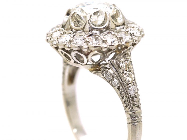 French Belle Epoque Platinum Diamond Cluster Ring with ornate Diamond Set Shoulders