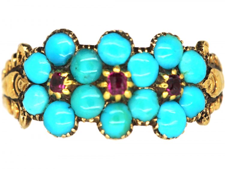 Early 19th Century Triple Cluster Ring set with Turquoise & Rubies