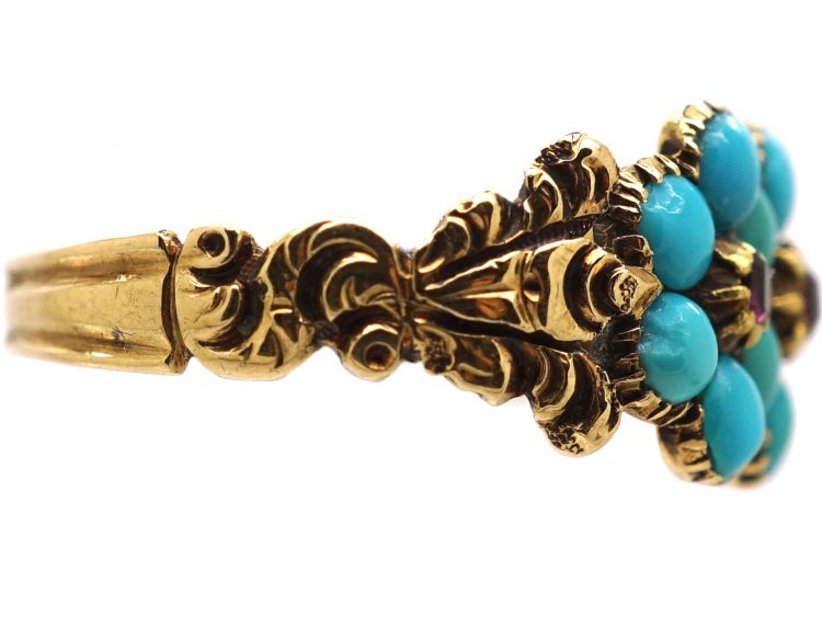 Early 19th Century Triple Cluster Ring set with Turquoise & Rubies
