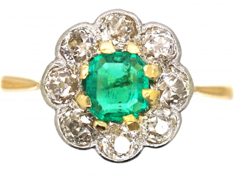 Edwardian 18ct Gold & Platinum, Emerald & Diamond Cluster Ring