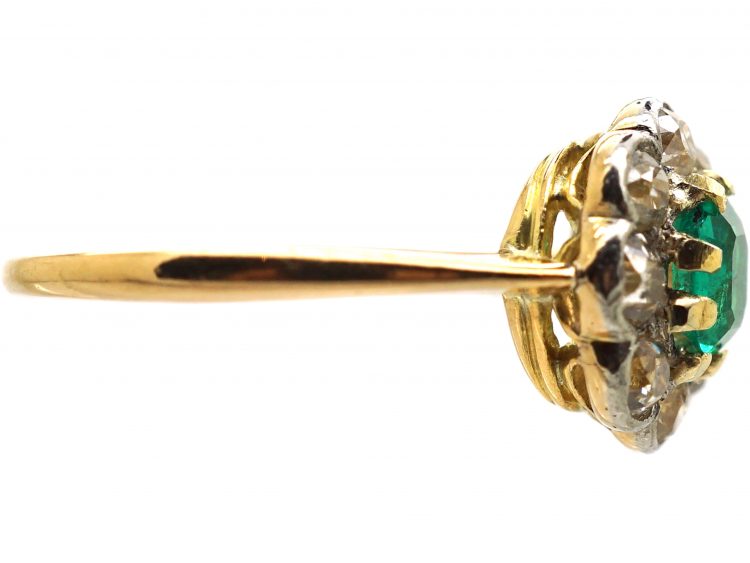 Edwardian 18ct Gold & Platinum, Emerald & Diamond Cluster Ring
