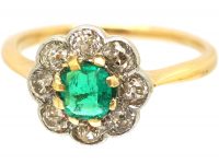 Edwardian 18ct Gold & Platinum, Emerald & Diamond Cluster Ring