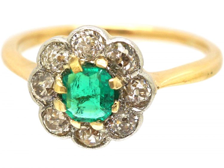 Edwardian 18ct Gold & Platinum, Emerald & Diamond Cluster Ring