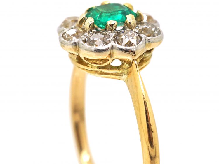 Edwardian 18ct Gold & Platinum, Emerald & Diamond Cluster Ring