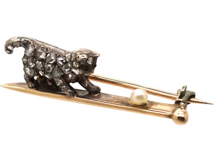 Edwardian Cat Playing with a Ball Brooch set with Diamonds & a Natural Pearl