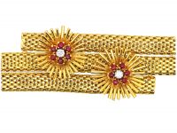 French 18ct Gold 1950s Bracelet with Flower Motifs set with Cabochon Rubies & Diamonds