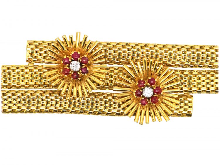 French 18ct Gold 1950s Bracelet with Flower Motifs set with Cabochon Rubies & Diamonds
