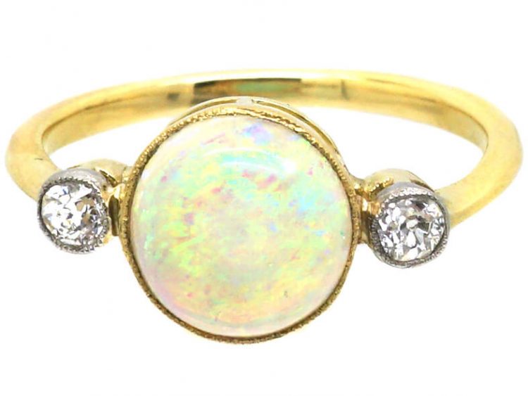 Edwardian 18ct Gold, Opal & Diamond Three Stone Ring