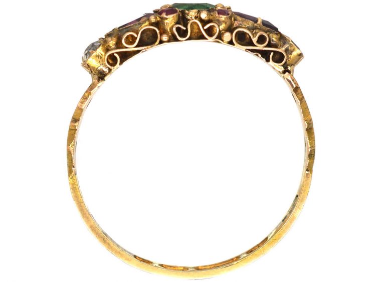 Victorian 15ct Gold, Emerald, Ruby & Diamond Ring with Heart Shaped Garnets