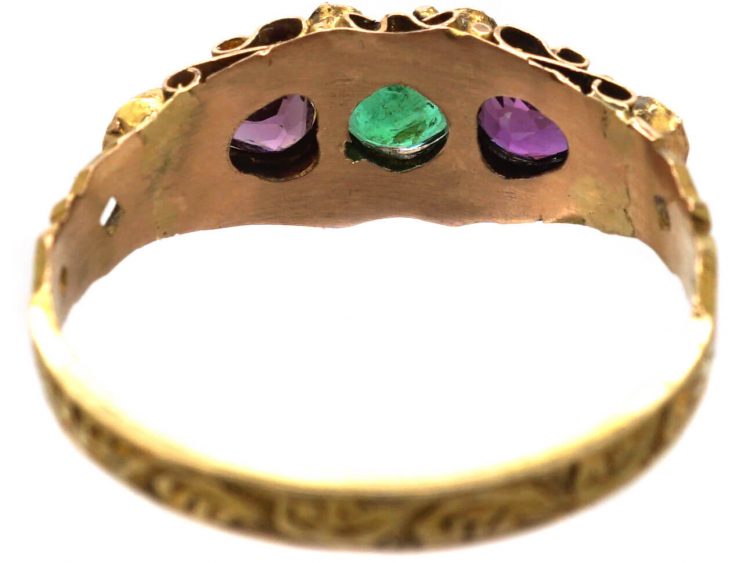 Victorian 15ct Gold, Emerald, Ruby & Diamond Ring with Heart Shaped Garnets