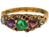Victorian 15ct Gold, Emerald, Ruby & Diamond Ring with Heart Shaped Garnets