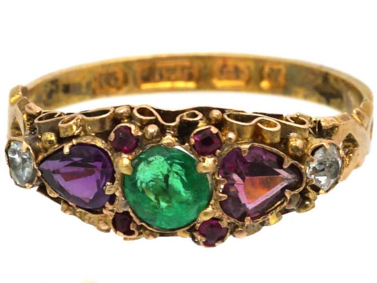 Victorian 15ct Gold, Emerald, Ruby & Diamond Ring with Heart Shaped Garnets