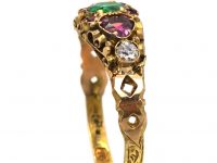 Victorian 15ct Gold, Emerald, Ruby & Diamond Ring with Heart Shaped Garnets
