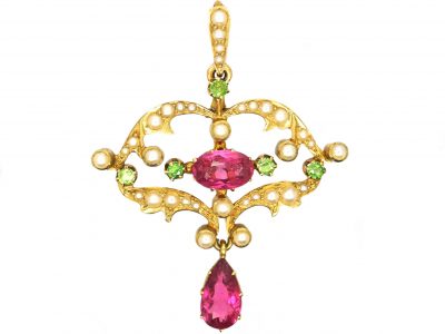 Edwardian 15ct Gold Suffragette Pendant set with Green Garnets, Natural Split Pearls & Pink Tourmalines