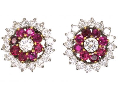 1950s 18ct White & Yellow Gold, Ruby & Diamond Cluster Earrings