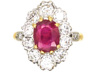 French Belle Epoque 18ct Gold, Ruby & Diamond Oval Cluster Ring