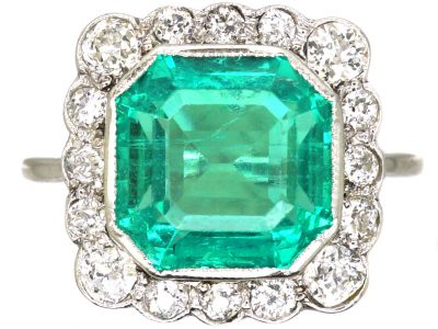 Art Deco Platinum, Emerald & Diamond Square Ring