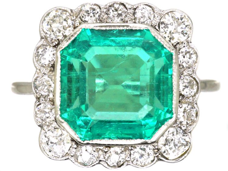 Art Deco Platinum, Emerald & Diamond Square Ring