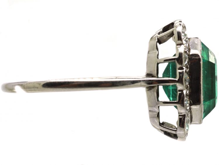 Art Deco Platinum, Emerald & Diamond Square Ring