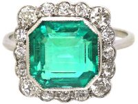 Art Deco Platinum, Emerald & Diamond Square Ring