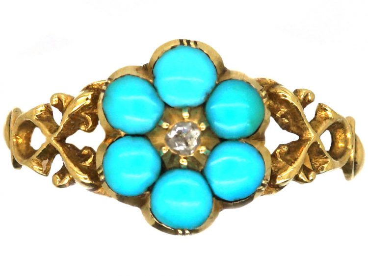 Regency 15ct Gold Turquoise & Rose Diamond Forget Me Not Cluster Ring