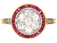 Art Deco 18ct Gold & Platinum Target Ring set with Rubies & Diamonds